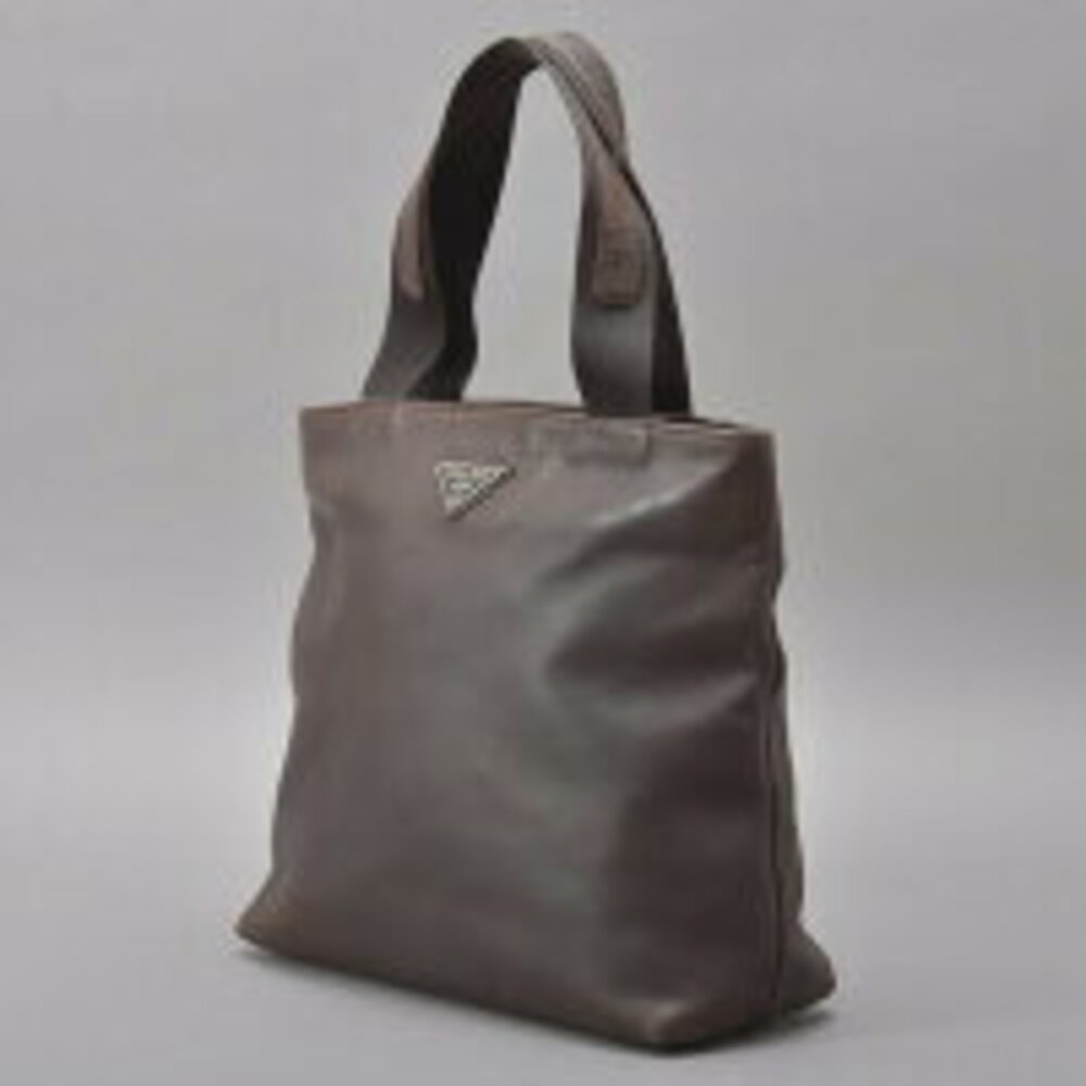 Prada triangular Dark tote handbag leather bag Brown Black plate